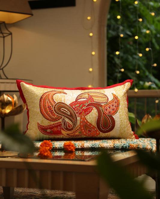 Paisley Design Patch Work Embroidered Cushion Cover  | 13 x 21 inches