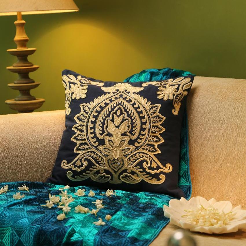 Blue Embroidered & Embellished Cushion Cover | 16 x 16 inches