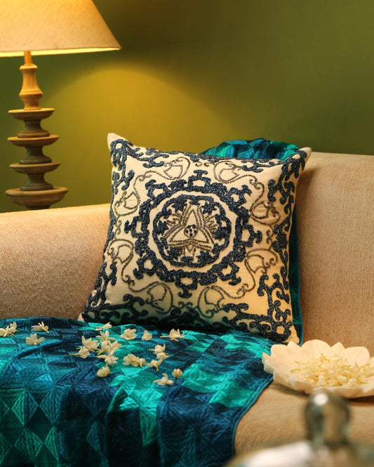 Ivory And Blue Embroidered & Embellished Cushion Cover | 16 x 16 inches