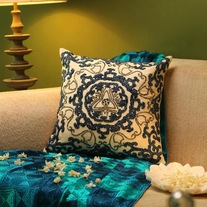 Ivory And Blue Embroidered & Embellished Cushion Cover | 16 x 16 inches