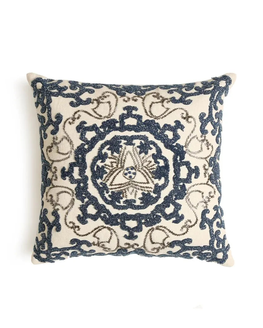 Ivory And Blue Embroidered & Embellished Cushion Cover | 16 x 16 inches