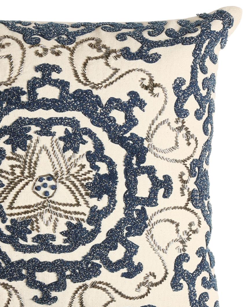 Ivory And Blue Embroidered & Embellished Cushion Cover | 16 x 16 inches