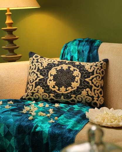 Blue Pillow Style Embroidered & Embellished Cushion Cover | 12 x 18 inches