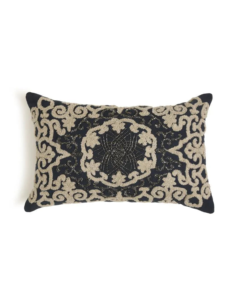 Blue Pillow Style Embroidered & Embellished Cushion Cover | 12 x 18 inches