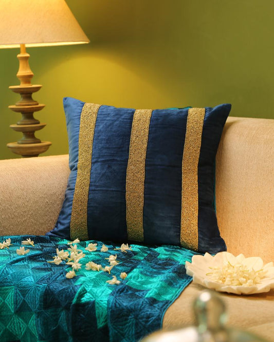 Blue Velvet Hand Beaded Cushion Cover  | 18 x 18 inches