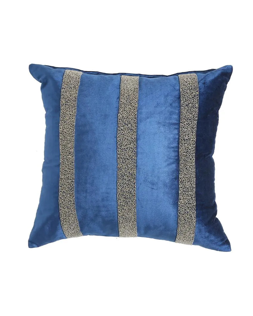 Blue Velvet Hand Beaded Cushion Cover  | 18 x 18 inches