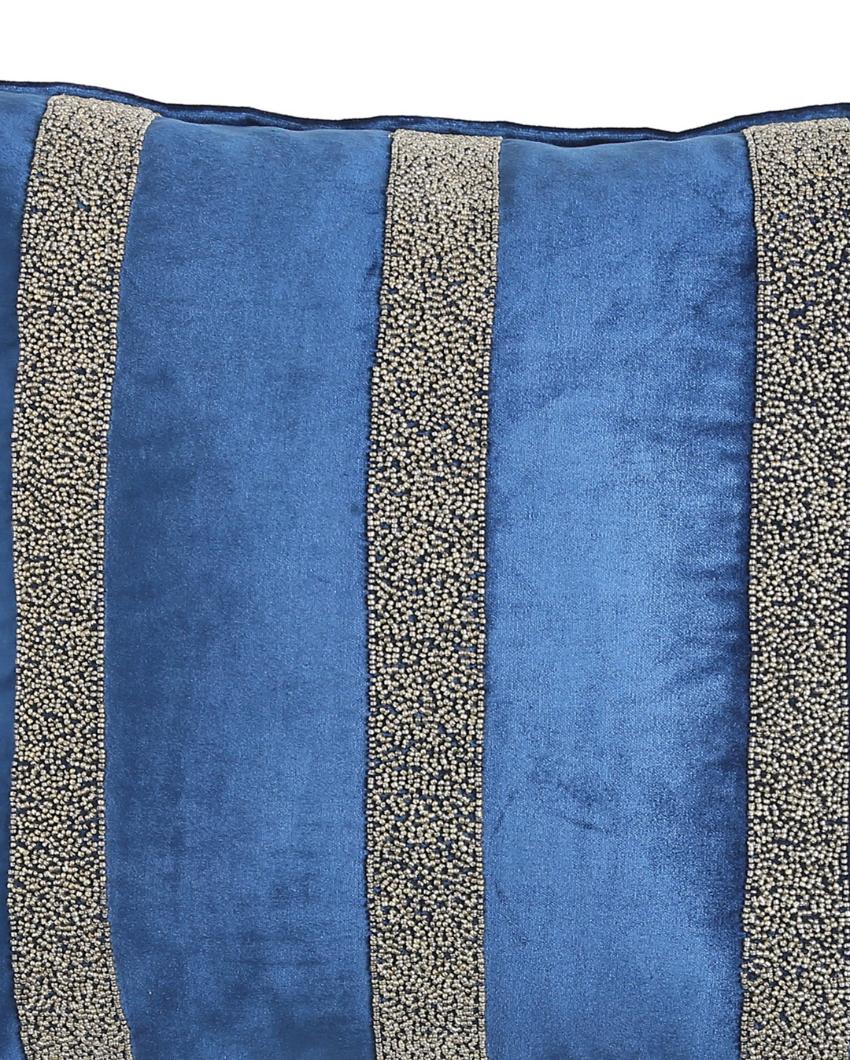 Blue Velvet Hand Beaded Cushion Cover  | 18 x 18 inches