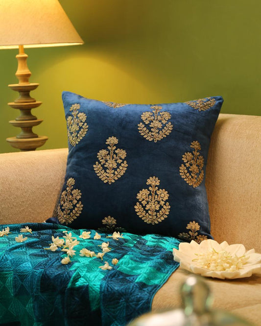 Blue Velvet Zari Embroidery & Hand Beaded Cushion Cover  | 18 x 18 inches