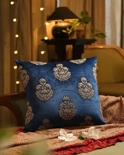 Blue Velvet Zari Embroidery & Hand Beaded Cushion Cover  | 18 x 18 inches