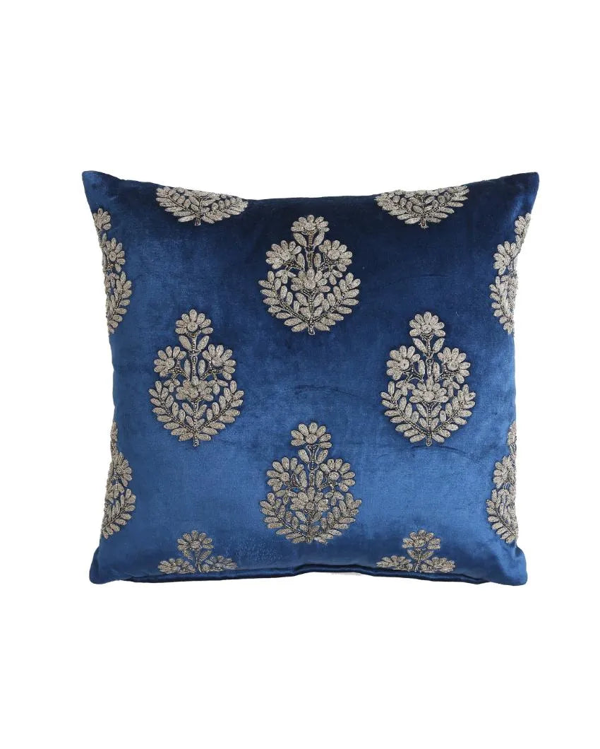 Blue Velvet Zari Embroidery & Hand Beaded Cushion Cover  | 18 x 18 inches