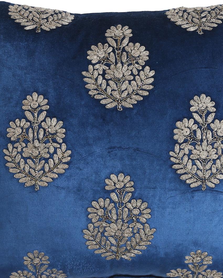 Blue Velvet Zari Embroidery & Hand Beaded Cushion Cover  | 18 x 18 inches