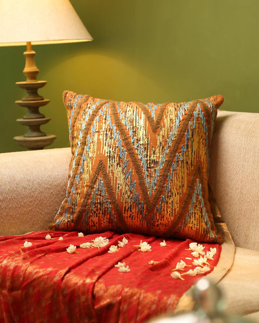 Mustard & Blue Hand Beaded Cushion Cover Wave Design | 18 x 18 inches