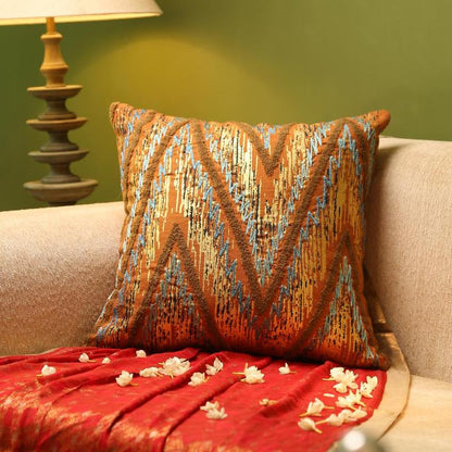 Mustard & Blue Hand Beaded Cushion Cover Wave Design | 18 x 18 inches