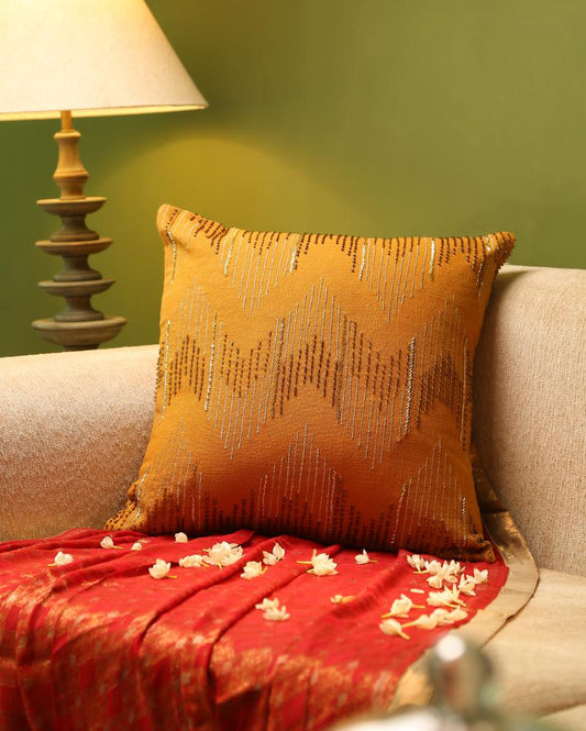 Solid Mustard Hand Beaded Cushion Cover | 18 x 18 inches