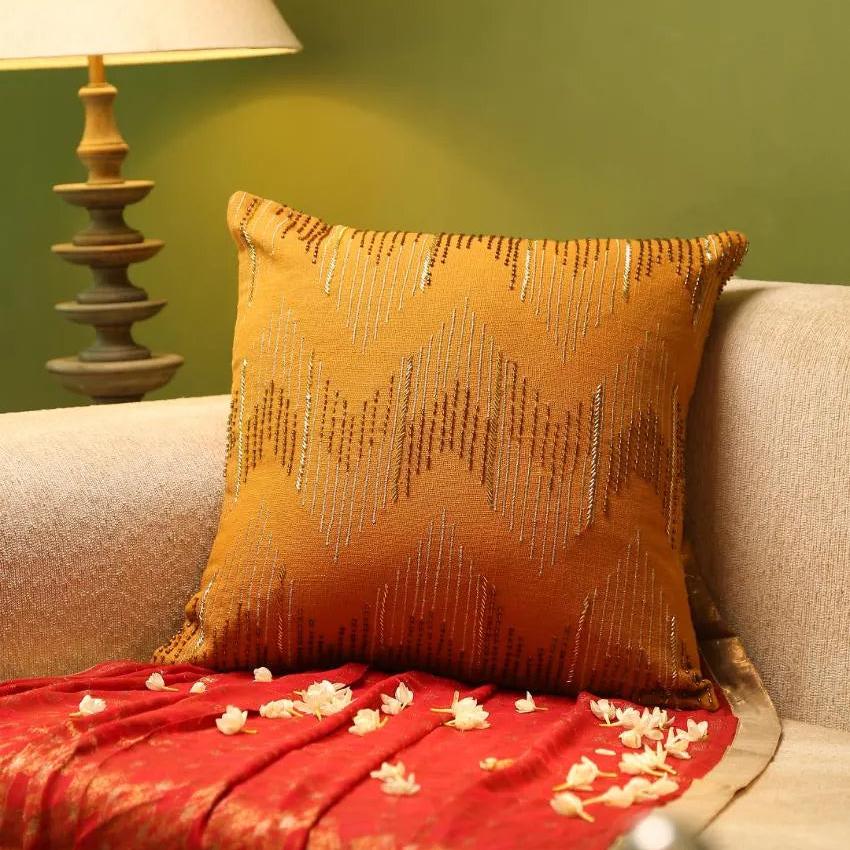 Solid Mustard Hand Beaded Cushion Cover | 18 x 18 inches