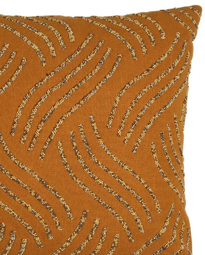 Wave Design Mustard Hand Beaded Cushion Cover  | 18 x 18 inches