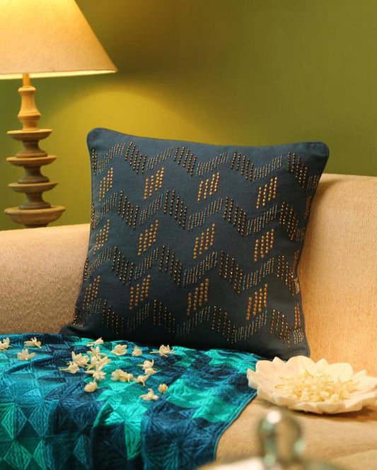 Blue Hand Beaded Cushion Cover | 18 x 18 inches