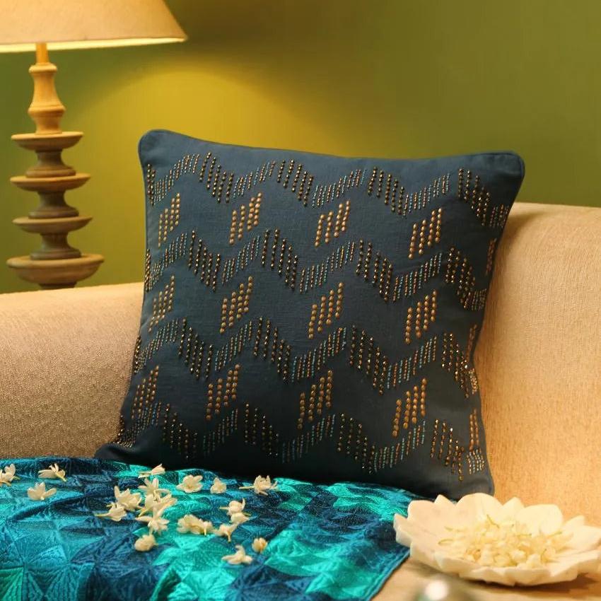 Blue Hand Beaded Cushion Cover | 18 x 18 inches