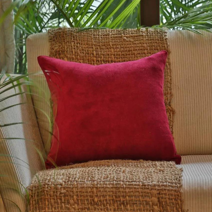 Maroon Cotton Velvet Cushion Cover | 16 x 16 inches