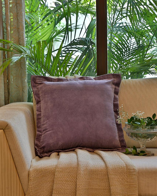 Lavender Cotton Contrast Border Velvet Cushion Cover | 18 x 18 inches
