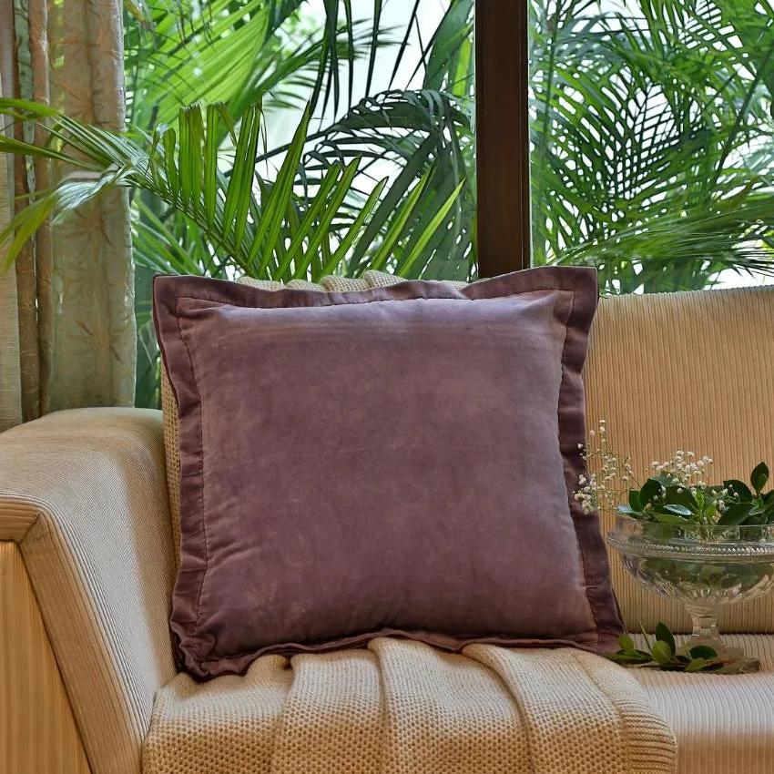 Lavender Cotton Contrast Border Velvet Cushion Cover | 18 x 18 inches