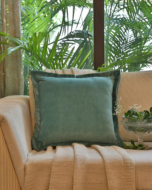 Sea Green Cotton Contrast Border Velvet Cushion Cover | 18 x 18 inches