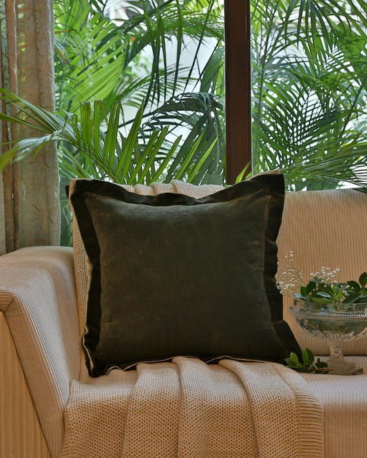 Olive Green Cotton Contrast Border Velvet Cushion Cover  | 18 x 18 inches