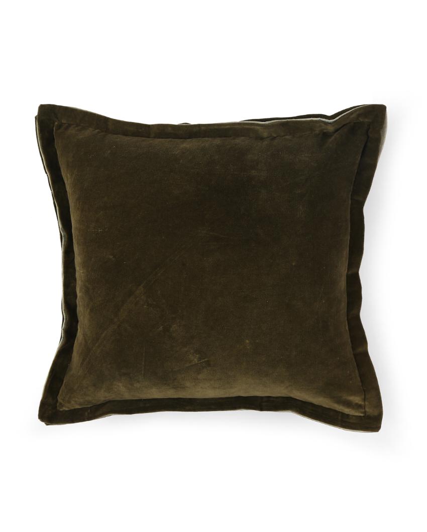 Olive Green Cotton Contrast Border Velvet Cushion Cover  | 18 x 18 inches