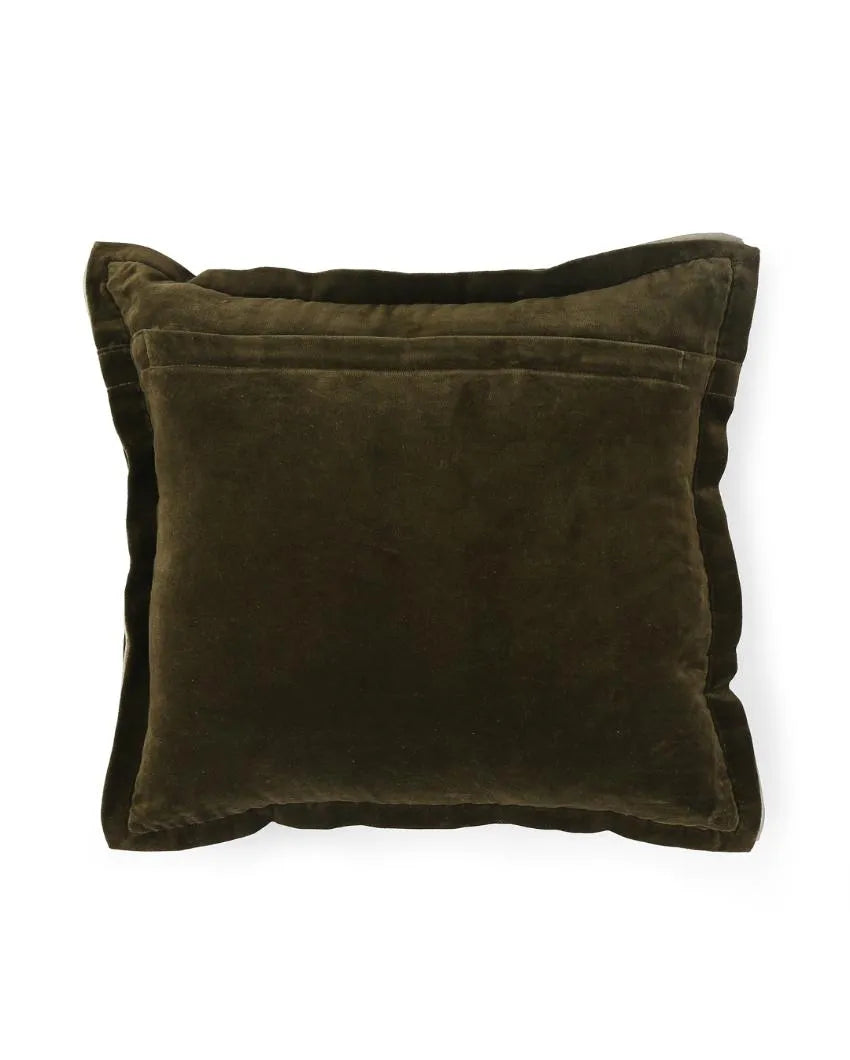 Olive Green Cotton Contrast Border Velvet Cushion Cover  | 18 x 18 inches