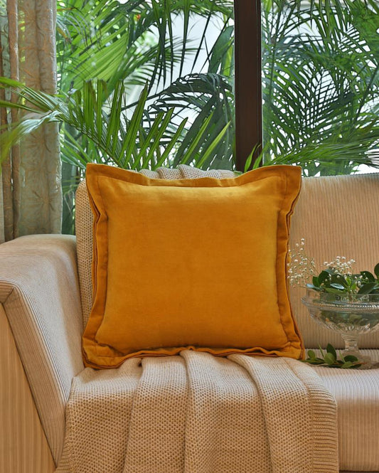 Yellow Cotton Contrast Border Velvet Cushion Cover | 18 x 18 inches