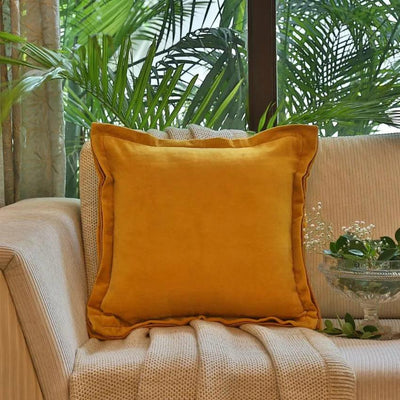 Yellow Cotton Contrast Border Velvet Cushion Cover | 18 x 18 inches