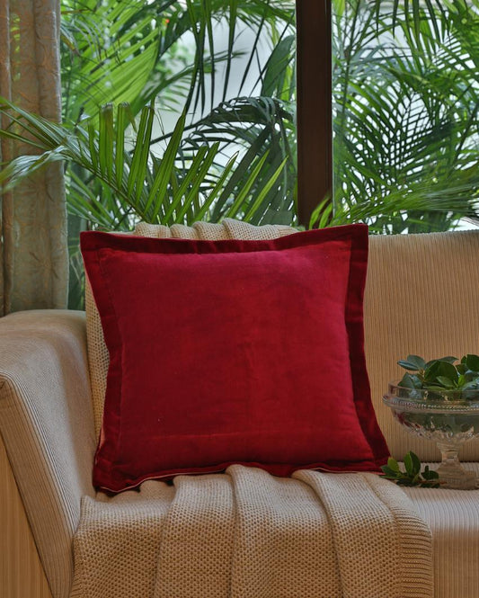 Maroon Cotton Contrast Border Velvet Cushion Cover  | 18 x 18 inches