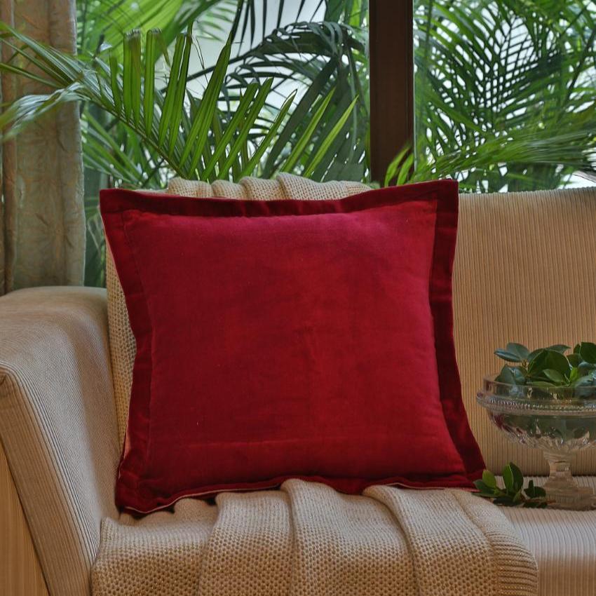 Maroon Cotton Contrast Border Velvet Cushion Cover  | 18 x 18 inches