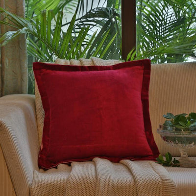 Maroon Cotton Contrast Border Velvet Cushion Cover  | 18 x 18 inches