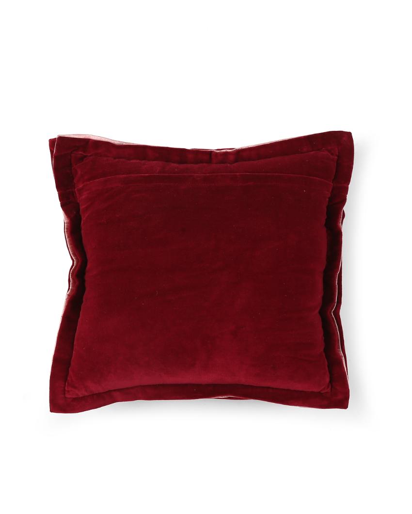 Maroon Cotton Contrast Border Velvet Cushion Cover  | 18 x 18 inches