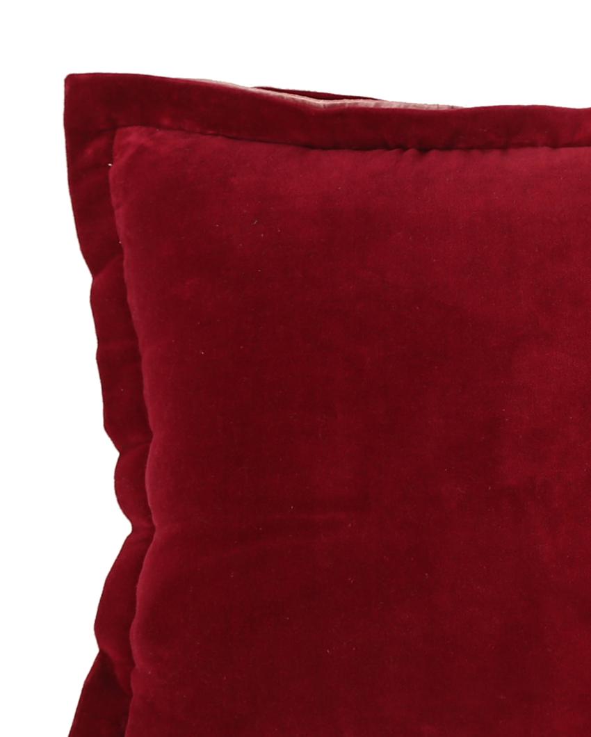 Maroon Cotton Contrast Border Velvet Cushion Cover  | 18 x 18 inches