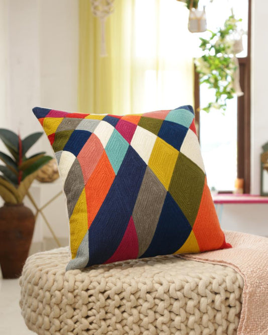 Beautiful Color Block Design Embroidered Cushion Cover  | 18 x 18 inches