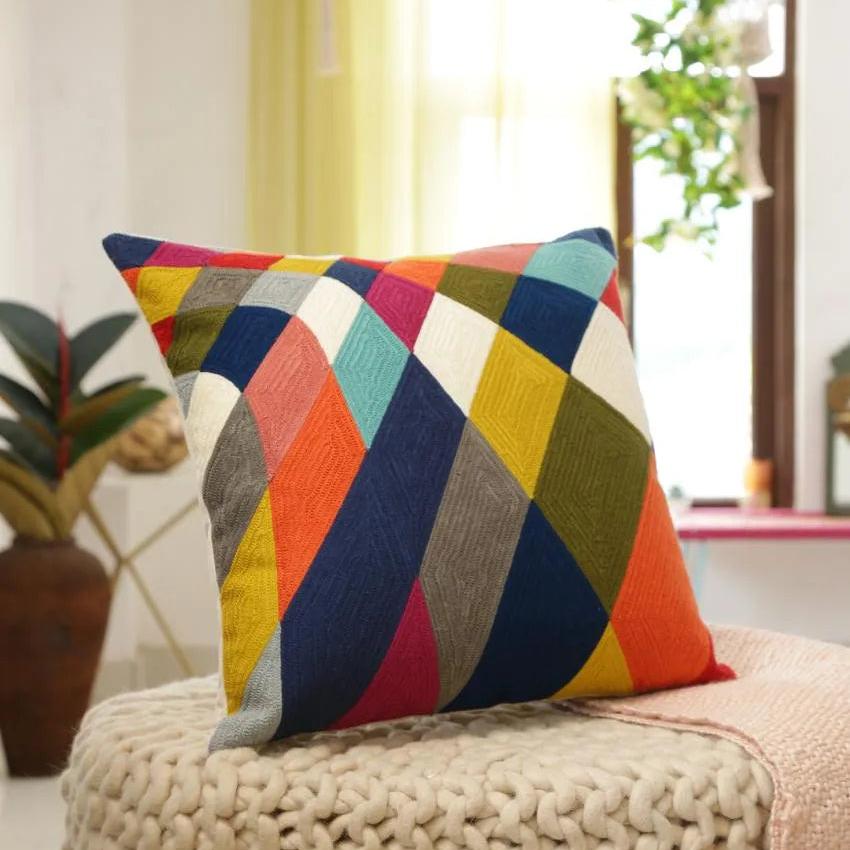 Beautiful Color Block Design Embroidered Cushion Cover  | 18 x 18 inches