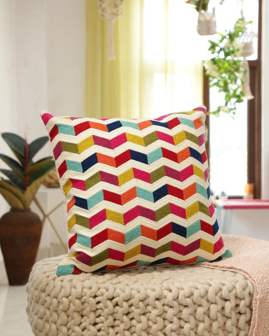 Colorful Waves Design Embroidered Cushion Cover | 18 x 18 inches