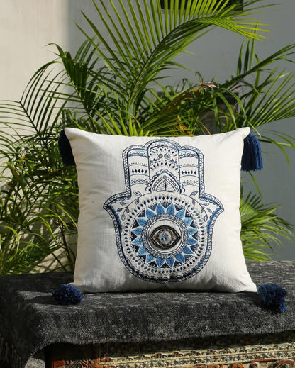 Embroidered Hand Of Hamsa Cushion Cover With Tassels | 18 x 18 inches