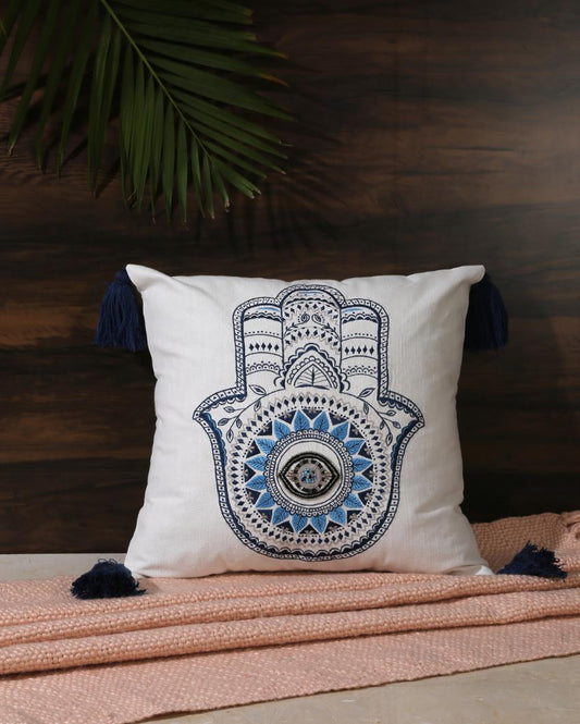 Embroidered Hand Of Hamsa Cushion Cover With Tassels | 18 x 18 inches