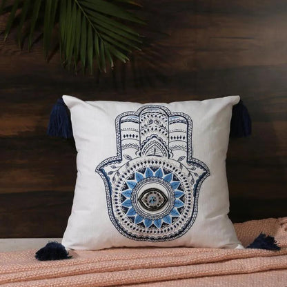 Embroidered Hand Of Hamsa Cushion Cover With Tassels | 18 x 18 inches