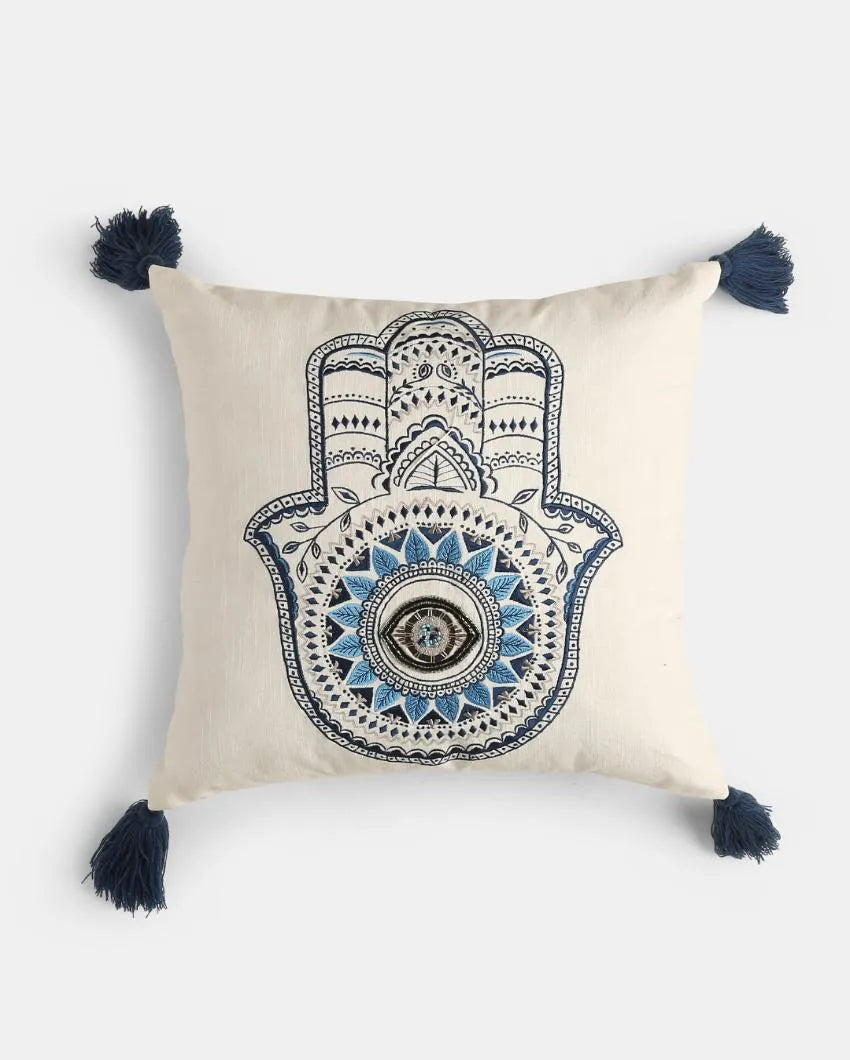 Embroidered Hand Of Hamsa Cushion Cover With Tassels | 18 x 18 inches