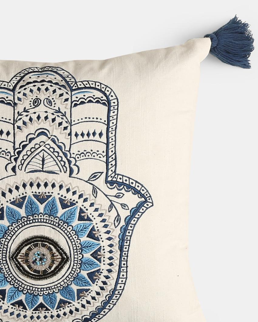 Embroidered Hand Of Hamsa Cushion Cover With Tassels | 18 x 18 inches