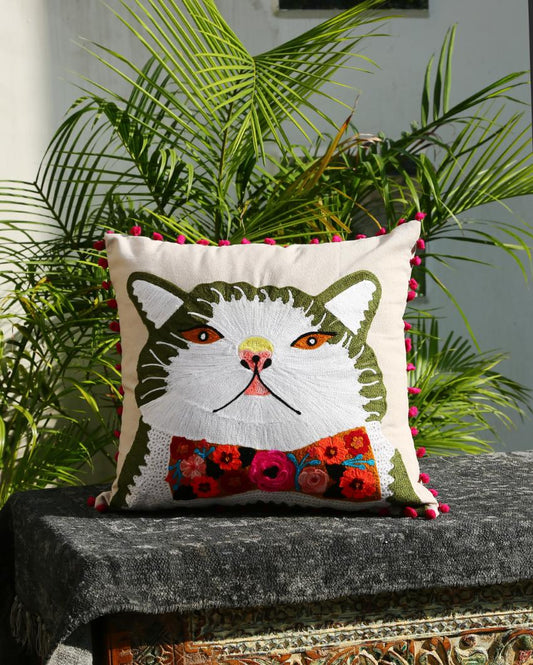 Cat With A Bow Embroidered Cushion Cover | 18 x 18 inches