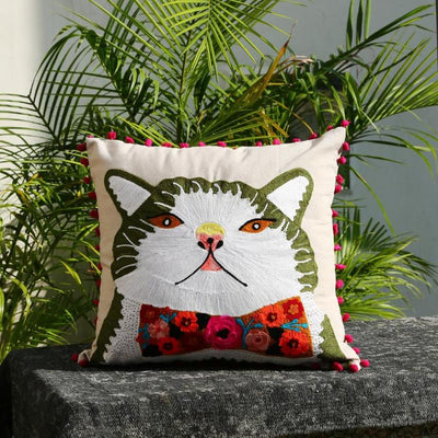 Cat With A Bow Embroidered Cushion Cover | 18 x 18 inches