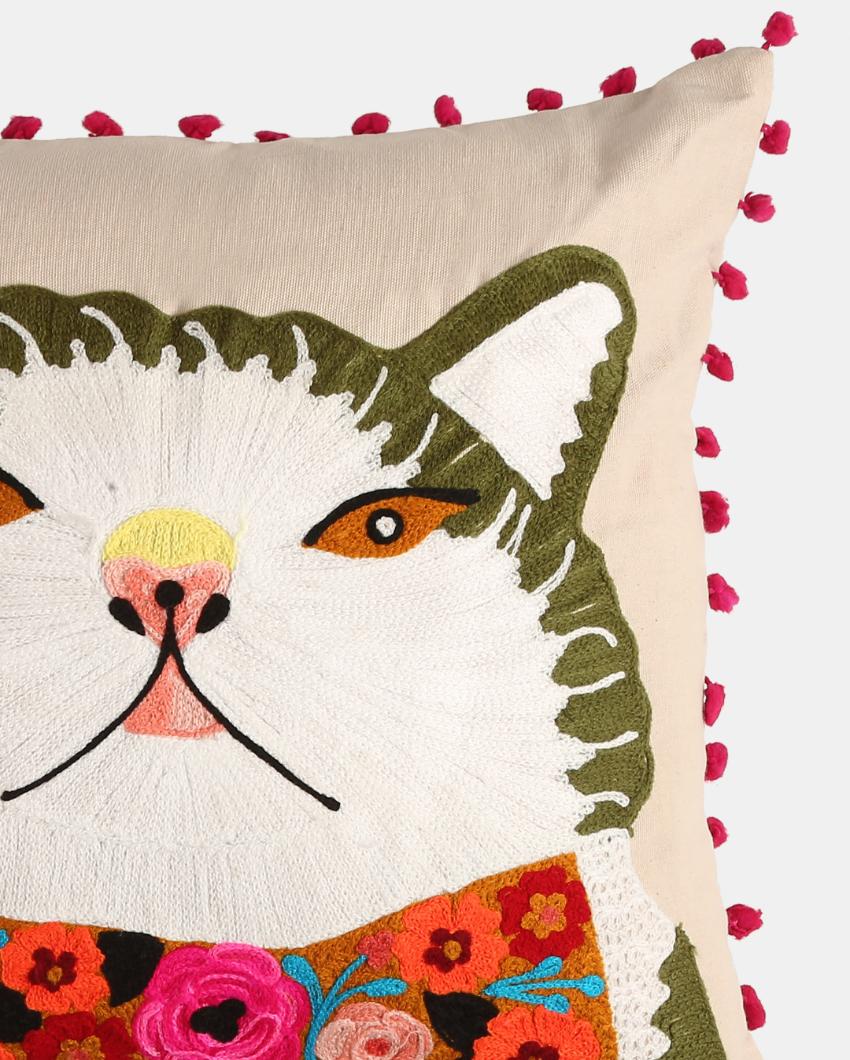 Cat With A Bow Embroidered Cushion Cover | 18 x 18 inches