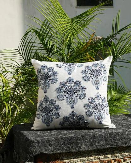 Blue Premium Embroidered & Embellished Cushion Cover | 18 x 18 inches Mughal