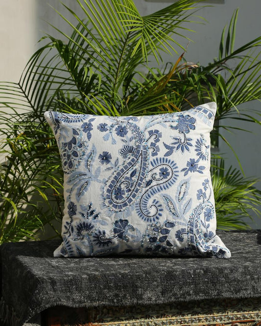 Blue Premium Embroidered & Embellished Cushion Cover | 18 x 18 inches Paisley