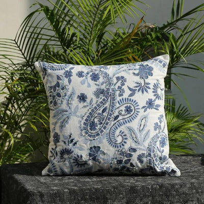 Blue Premium Embroidered & Embellished Cushion Cover | 18 x 18 inches Paisley